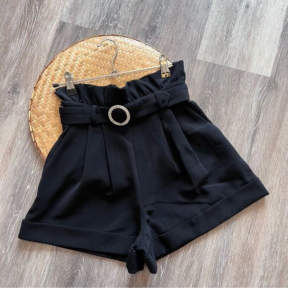 J.ing black high Rise paper bag waist shorts‎ - Picture 1 of 8
